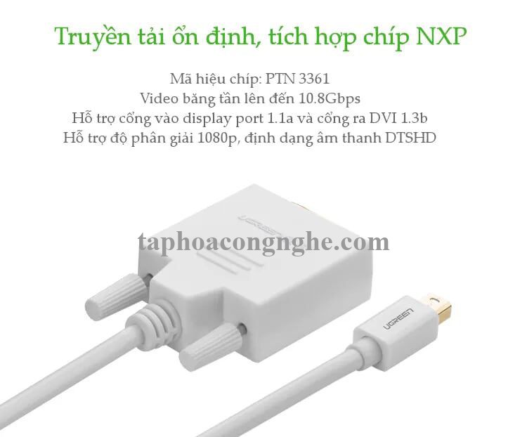 Ugreen 10425 3M Màu Trắng Cáp chuyển đổi Mini DP sang DVI 24 + 1 hỗ trợ phân giải 1080P MD102 30010425